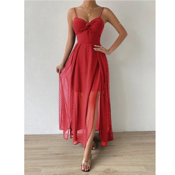 Swiss Dot Cami Maxi Dress RED - Picture 4 of 9